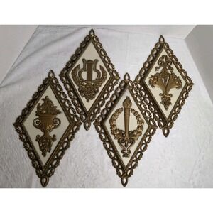 1971 Homco Vtg Hollywood Regency Set Of 4 Diamond Shape Gold Wall Decor